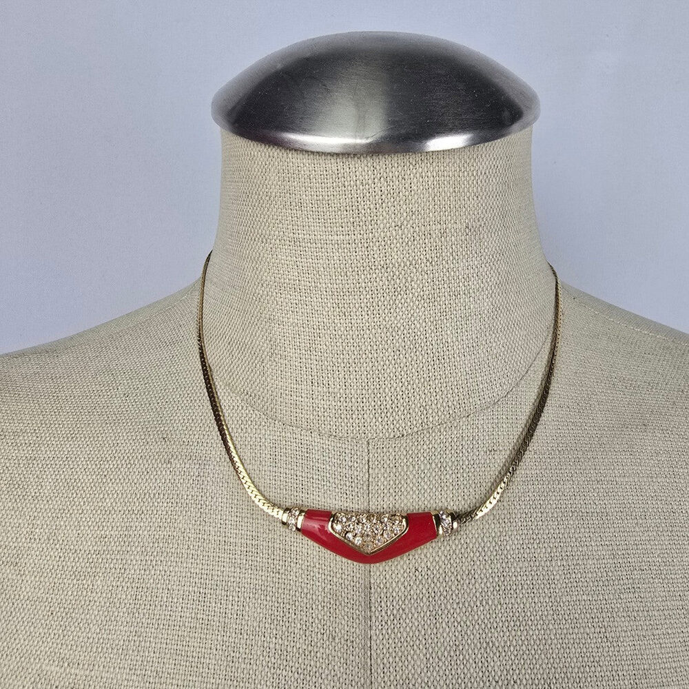 Vintage Vendome Red Enamel Crystal Detail Collar Necklace